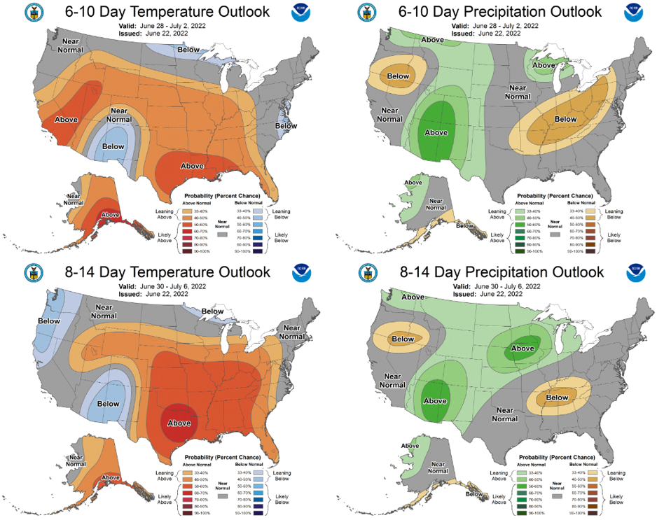 The 6-10 day (June 28-July 2, top) and 8-14 day (June 30-July 6, bottom) outlooks for temperature (left) and precipitation (right).